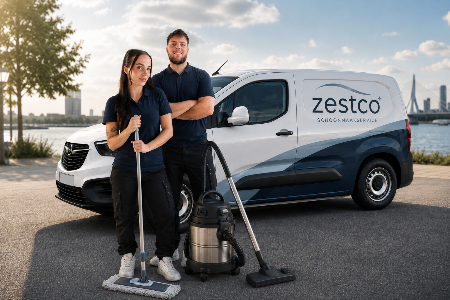 Het team van Zestco Schoonmaakservice bij de bedrijfsbus